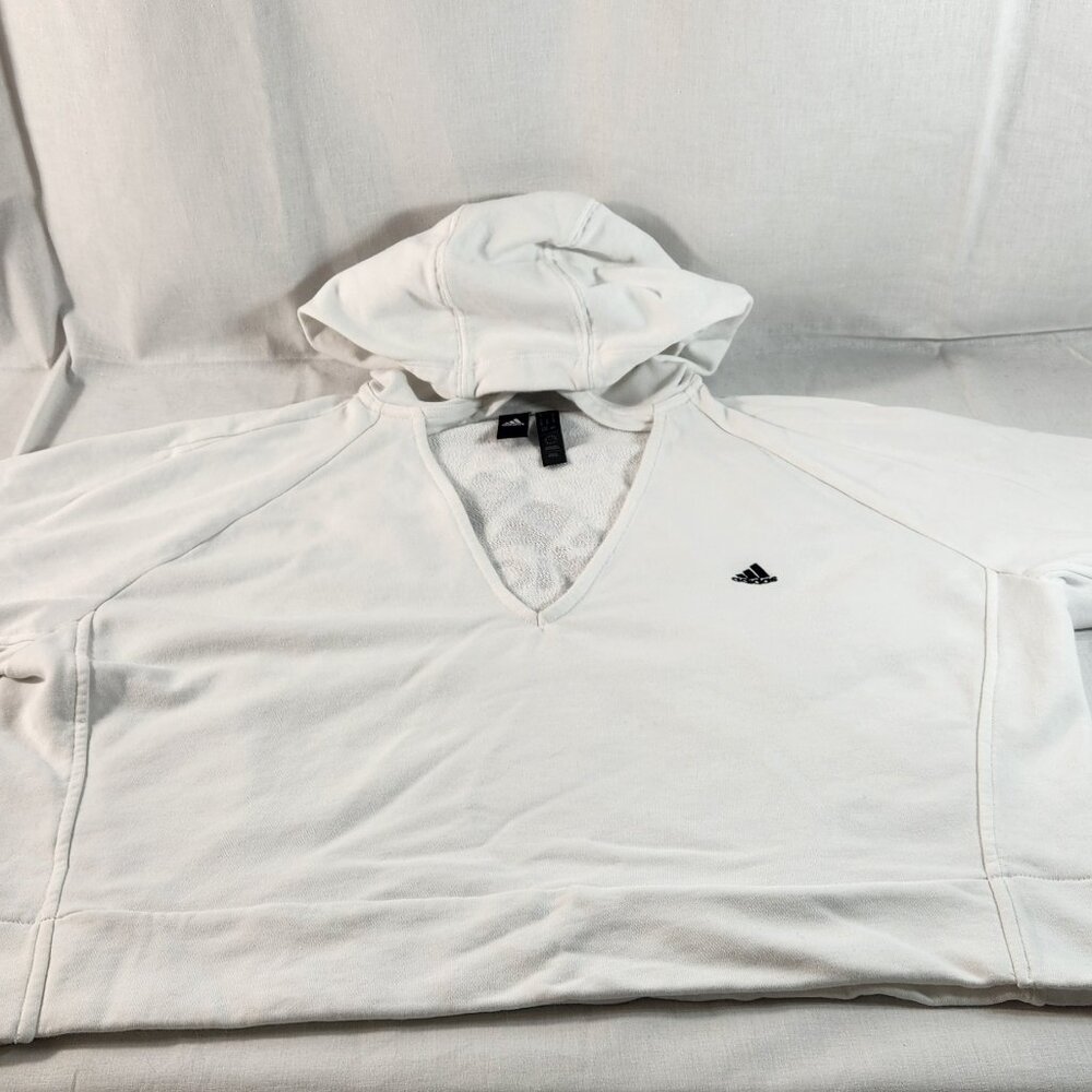 Adidas V-Neck Hoodie Pullover Sweater White XL Cotton Blend Mid-Sleeves - Picture 2 of 16